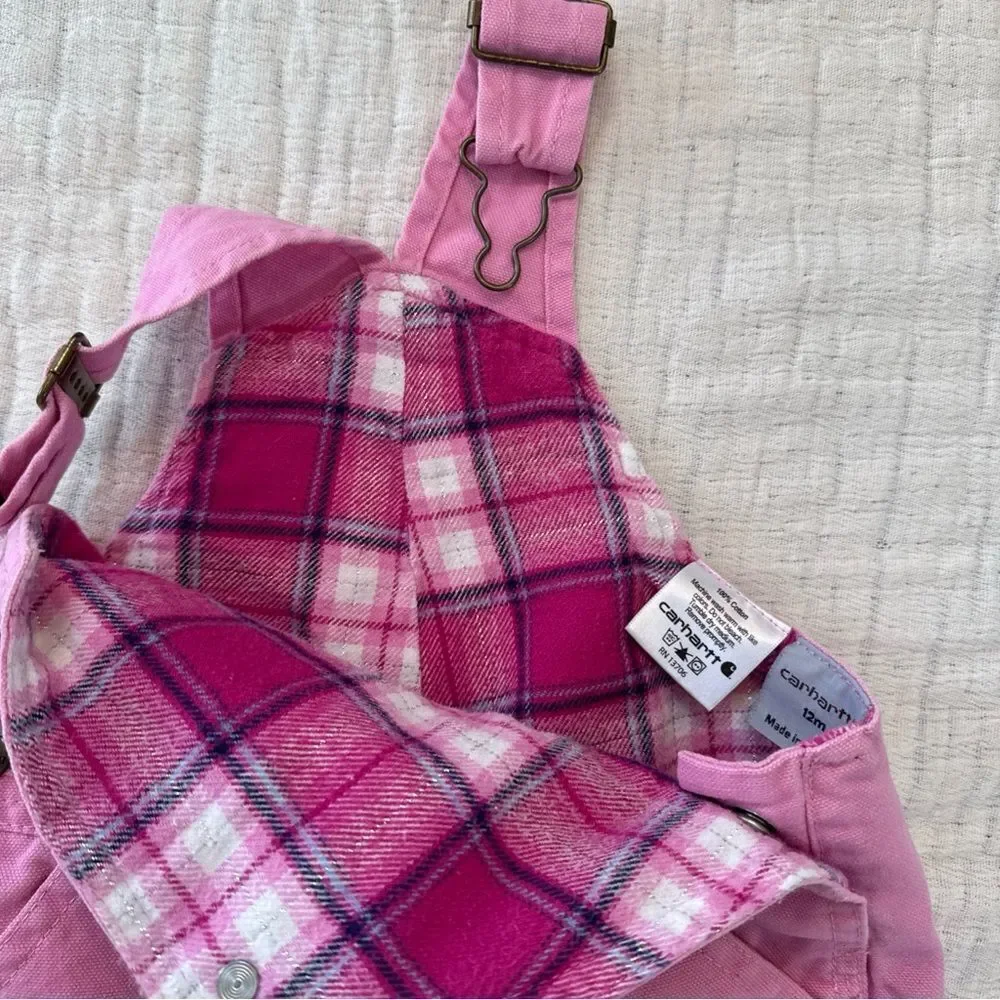 Carhartt Toddler Pink Canvas Bib Overalls Size 12 Months Flannel Lined Bibs